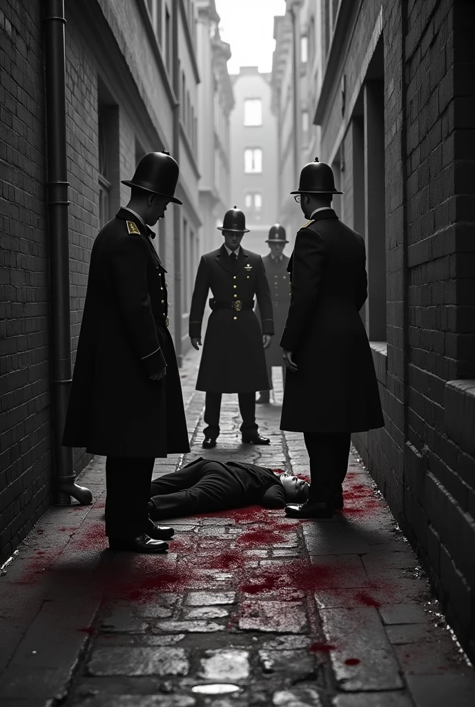 An old black-and-white crime scene photo from the 1880s showing three British police officers investigating a body found in a London alley. The wall is smeared with blood, with one officer securing the scene while the others examine the body.