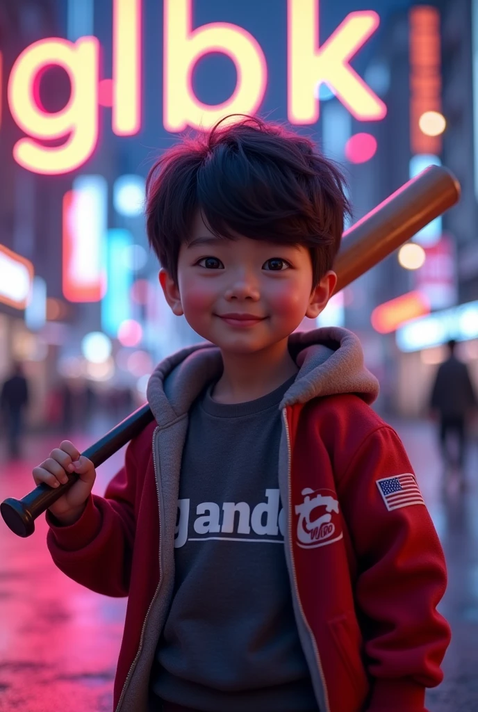 Create a character cute boy, {{background: large text “GLBK”, night city}}, tanned skin,
realistic, HDR, handsome, japan style, full body, use stick baseball,  5, hoodie HD text: “NANDO”