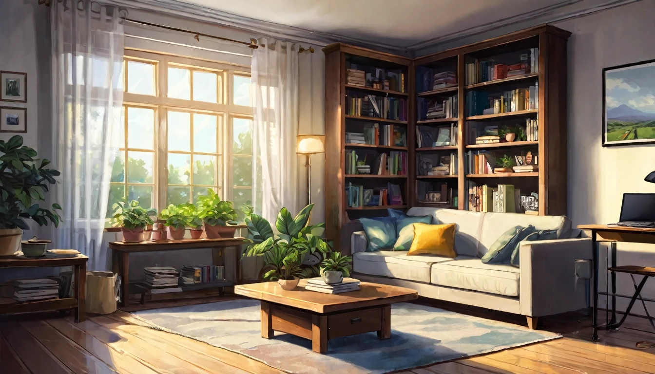 A home office livingroom with a bookshelf and a plants, picture frame above the sofa, No people, landscape, a book, a bookshelf, a plant, window, chair, Sun Ray, sofa, a book stack, shelf, in room, wooden floor, pillow, globe, box, curtains, tree, рабочий Table, lamp, day, potted a plant, Table, cup, ladder, original, masterpiece, illustration, Very good and beautiful, perfectly detailed, photorealistic