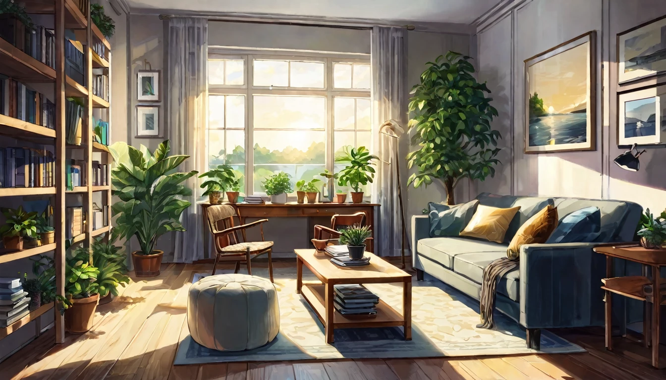 A home office livingroom with a bookshelf and a plants, picture frame above the sofa, No people, landscape, a book, a bookshelf, a plant, window, chair, Sun Ray, sofa, a book stack, shelf, in room, wooden floor, pillow, globe, box, curtains, tree, рабочий Table, lamp, day, potted a plant, Table, cup, ladder, original, masterpiece, illustration, Very good and beautiful, perfectly detailed, photorealistic