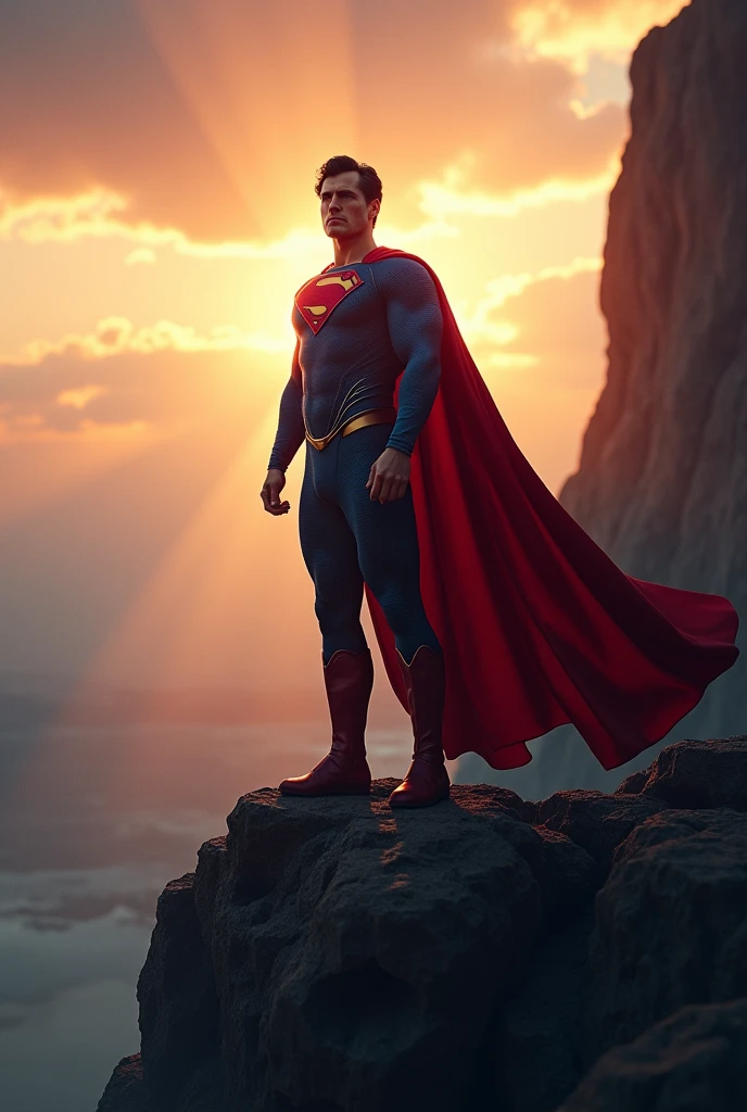 Sticker, SUPERMAN STANDING on a cliff sun beam at the background , black background complementary colors, Super High ultra resolution, hyper photorealistic, 255K, super hyper, Sony A7S Ill, f/ 9.0, 1/400. sharp-focus, megapixel.