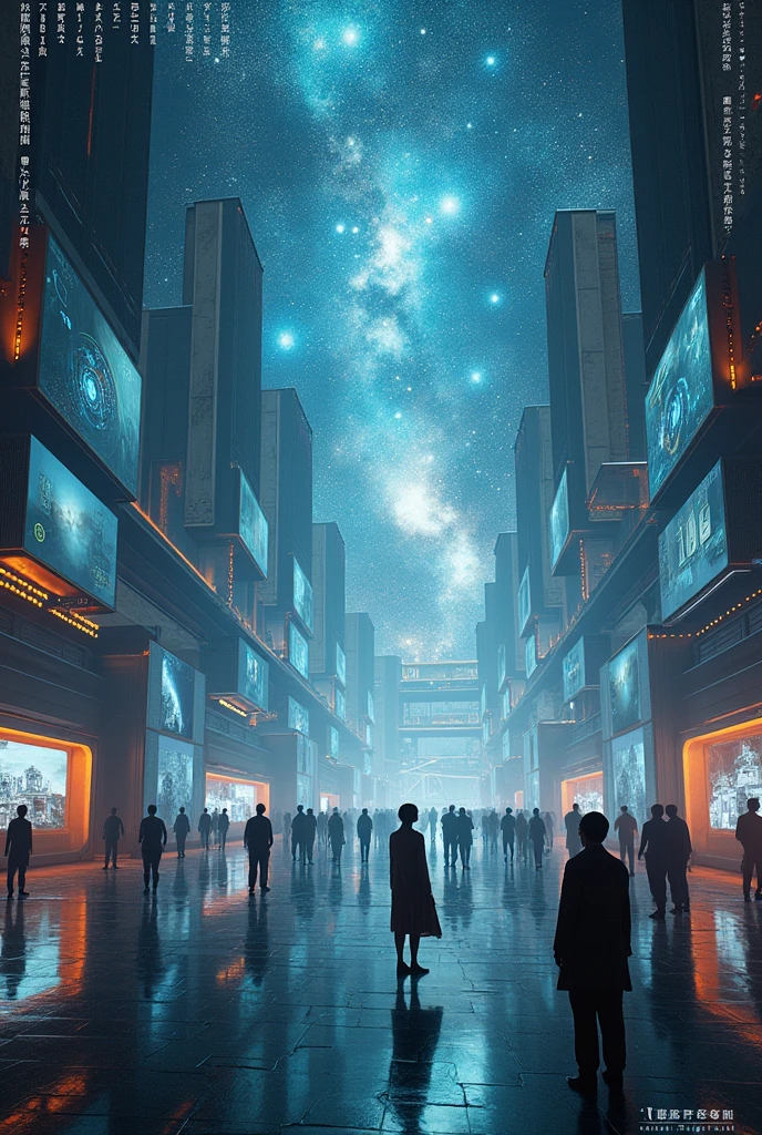 a hyperrealistic image capturing a futuristic simulated world, which creates the illusion of an infinite universe. Show main scene, where humanity, inhabiting this simulation, facing limited energy resources. Main elements:
1. A simulated world: A country with technological and cosmic elements, which create the impression of an endless universe. Use the majestic starry heavens, artistic depictions of galaxies and ultra-modern architecture, which emphasize the artificial nature of the environment.
2. Rhizome Society: Display ľudské technológie a systémy organizované v dynamických, nonlinear networks. Use futuristic screens and holograms, which illustrate decentralized structures and research in the field of energy technologies.
3. Language and deconstruction: Display interakcie medzi ľuďmi a ich jazykovými systémami, which are flexible and constantly changing. Visualize abstract symbols and texts, which illustrate Derrida's theory of the ever-changing meaning of words and their impact on reality.
4. The discovery of true reality: In the background, show the transition from the simulated world to reveal the real one, smaller universe. Display, how humanity adapts to the new, complex universe and interacts with new life forms.
Capture these elements in epic proportions and with an emphasis on hyper-realistic detail, to make the image a vivid and immersive expression of a philosophical concept.
