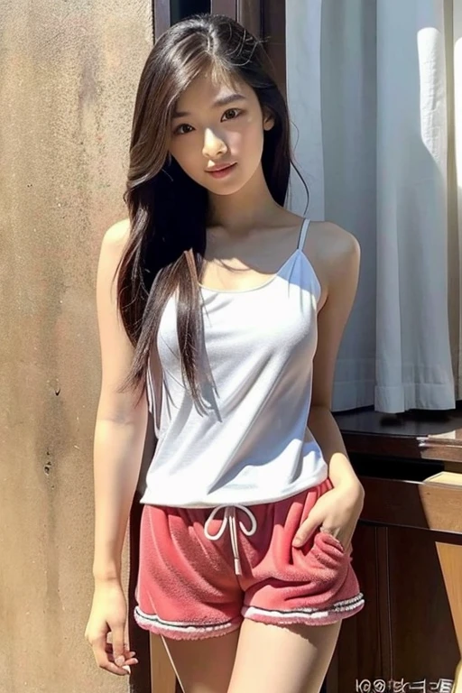 Beautiful Asian girl wearing short booty pajama shorts with white tank top 