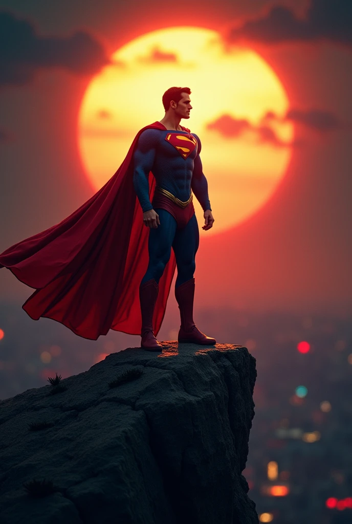 Sticker, SUPERMAN STANDING on a cliff sun beam at the background , black background complementary colors, Super High ultra resolution, hyper photorealistic, 255K, super hyper, Sony A7S Ill, f/ 9.0, 1/400. sharp-focus, megapixel.