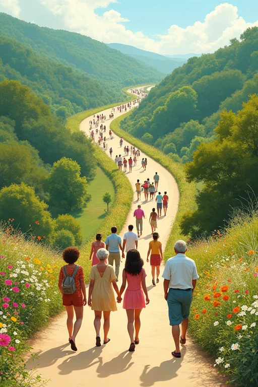 Many men, women, and old people are walking and laughing along the long road.。There are many beautiful flowers blooming and dancing around。Back view。Illustration of an image taken from a distance。