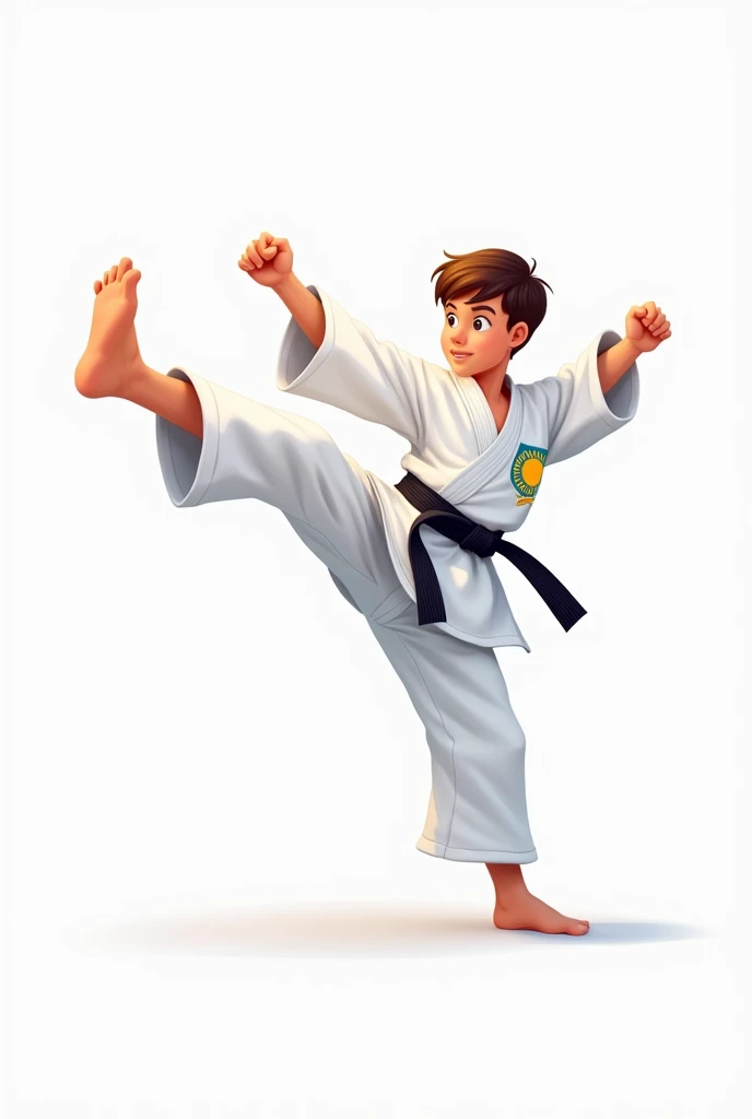 ((officially)) ((masterpiece)) ((Best quality)) ((detailed)) cartoon karate boy in uniform with Kazakhstan flag emblem doing kick on white background