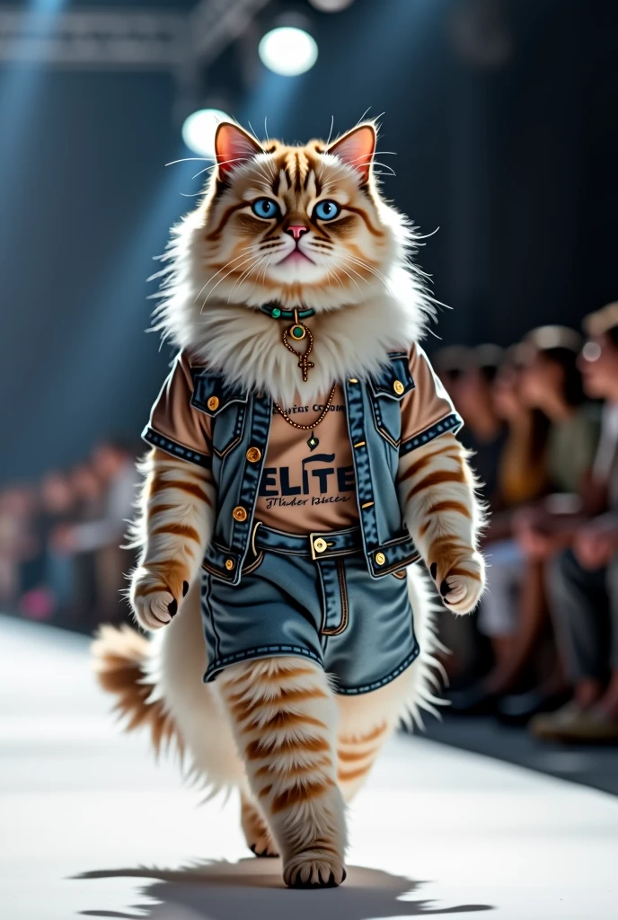 Himalayan cat wearing t-shirt with jeans chiton set in fashion show full body photo real as in real life