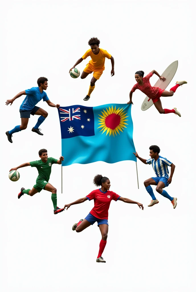Make me a picture where there is a white background and the fiji flag is in the middle and all the different sports are surrounding the fiji flag in a curcle Proper fiji flag