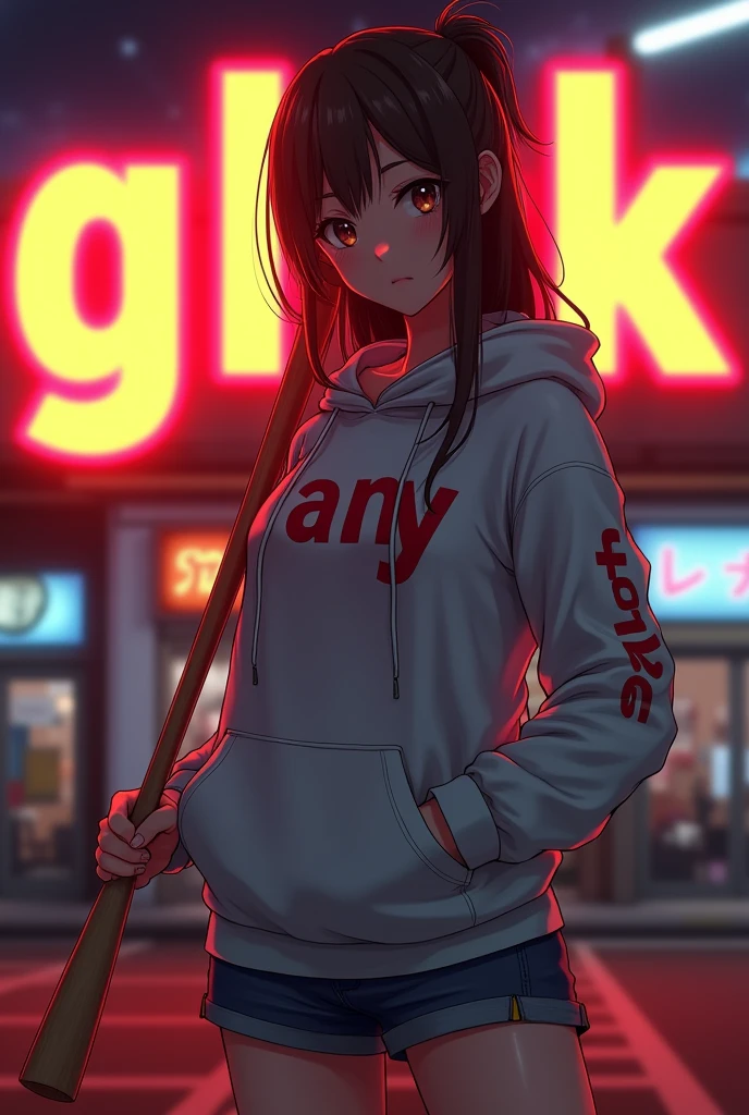 Create a character anime, {{background: large text “GLBK”, night city}}, tanned skin,
realistic, HDR, handsome, japan style, full body, use stick baseball, age 20, hoodie HD text: “FANY”, female, long hair