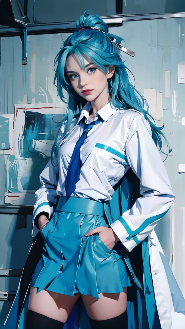 masterpiece, 最high quality, high quality, High resolution, One girl, alone, Aqua (KonoSuba), Blue Hair, Long Hair, blue eyes, White shirt ,Long white coat, Black office skirt, Knee socks, whole body, Are standing, Put your hands in your pockets, boredom, Depth of written boundary, Research Room,