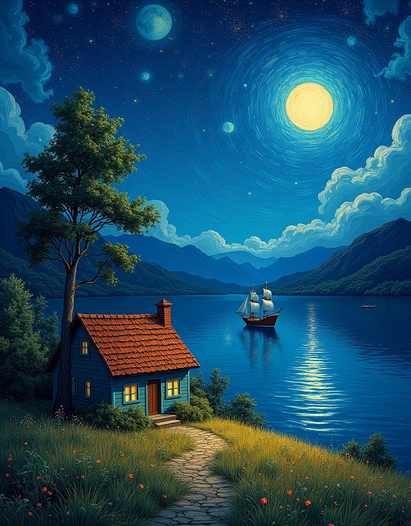 Scenic night landscape，with a house, tree, Stars in the sky, water, A ship, moon, Grass, Mountain, And the style of Van Gogh&#39;s famous paintings, best quality, 4K, Super detailed, actual, photoactual, high dynamic range, Ultra high quality, Studio lighting, Ultra-fine coating, sharp focus, Physically based rendering, extremely detailed description, professional, bright colors, Bokeh