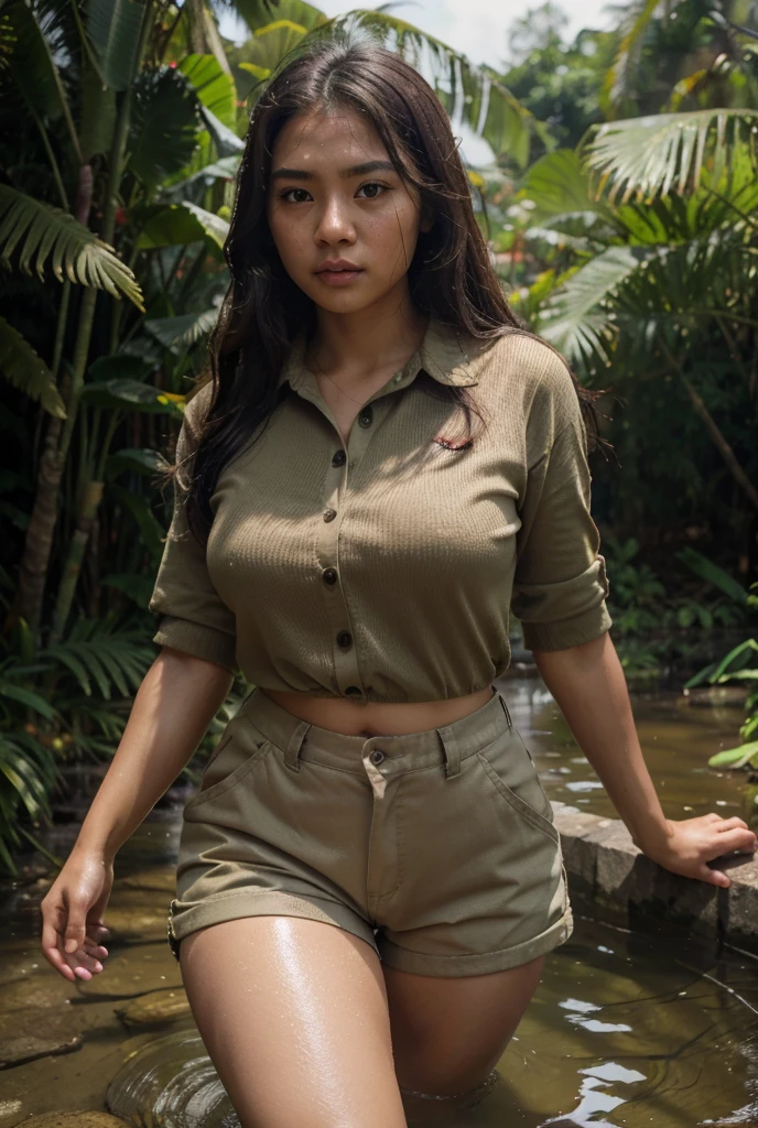 1girl, beautiful detailed asian girl, young, vietcong, military, communist, southeast asia, vietnam, thin, short, thick detailed thighs, busty chest, closed shirt, collared shirt, rolled sleeves, oversized full old khaki uniform, old loose flared wool shorts, sweaty clothes, loose clothes, buttoned clothes, dirty clothes, military gear, wearing pouches, wearing straps, communist trinkets, paddy field, jungle, impoverished, messy thick luscious hair, tied hair, detailed face, penetrating eyes, beautiful detailed lips, extremely detailed skin, detailed clothing, (best quality,4k,8k,highres,masterpiece:1.2),ultra-detailed,(realistic,photorealistic,photo-realistic:1.37), natural lighting, warm color tones, cinematic composition, thicc, natural, natural lashes, no makeup, glistening sweat, in water