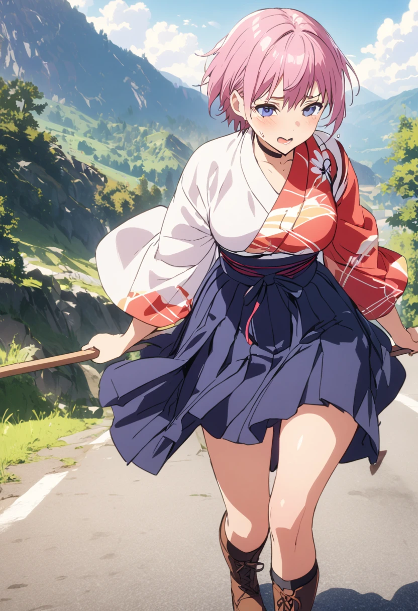 (Highest quality, 4K, 8k, High resolution, masterpiece:1.2), Very detailed, Picturesque, Animated Photography, Photo Animation:1.37)、Japanese schoolgirl、(Pink Hair)、(short hair)、stnding、meiji schoolgirl uniform, hakama, hakama skirt, japanese clothes, kimono, cross-laced footwear, lace-up boots, Arrow pattern、black choker、Ecstasy face、Sweat、Are crying、vapour、trembling、Full body photography、Nakano ichika