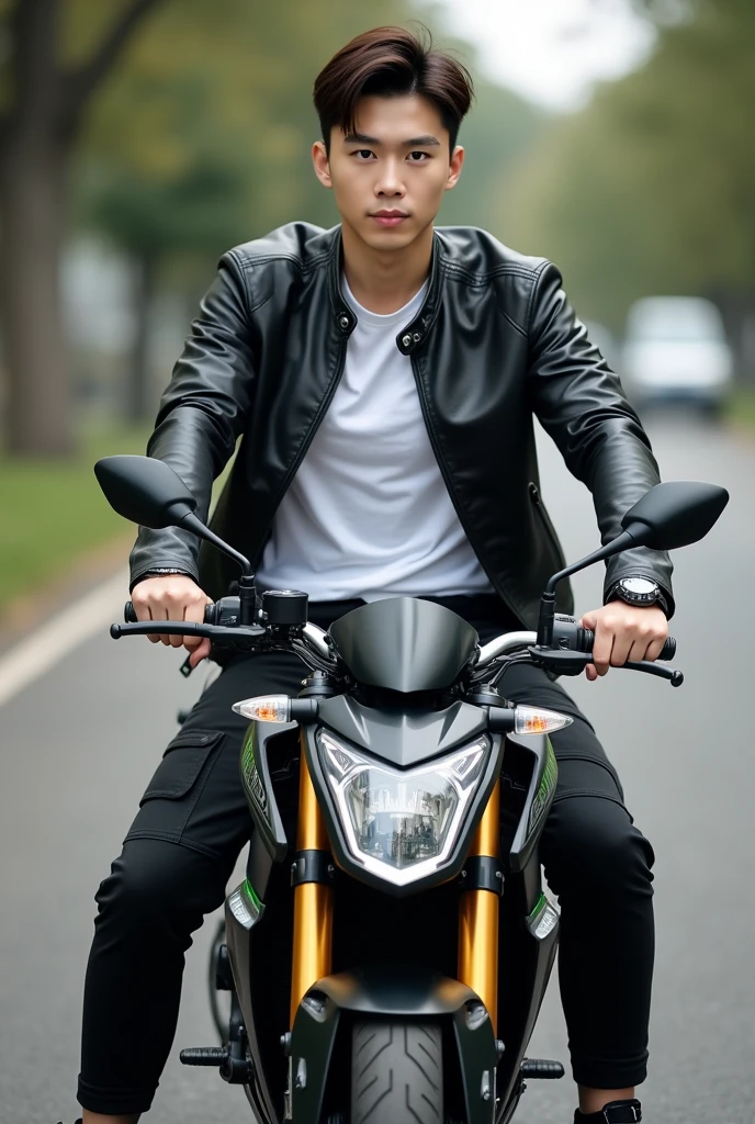 A handsome Korean man with smooth white skin, well-groomed face.black cropped leather jacket ,Harley logo white t-shirt, black cropped pants with lots of pockets,sitting posing, on the Kawasaki Ninja ZX-25R motorbike in highlighter color,riding a Kawasaki Ninja ZX-25R cool black watch, shoe.  shoe boots harley davidson,Background, bokeh, full body original photo, realistic. 