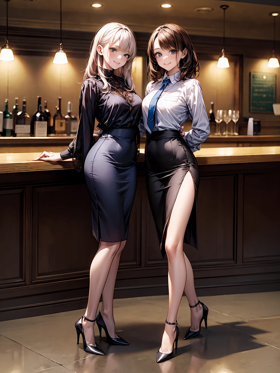 (masterpiece:1.3),(best quality, highest quality),((Full Body Shot,Including face)),girls,4K,masterpiece,((Focus on the face)),((Symmetrical facial features)),Beautiful woman,(slender),((High heels)),Detailed depiction of the face, Cafe ,bar,tie,See-through shirt,Casual wear,skirt,Age 25,(smile),kawaii, (illustration:1.3),Focus on the face
