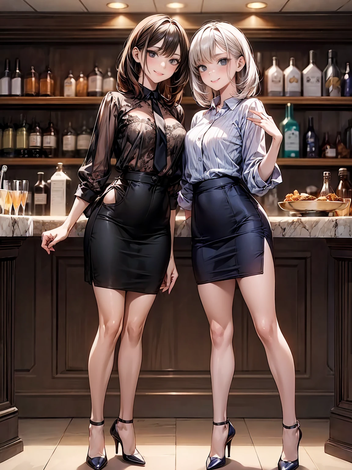 (masterpiece:1.3),(best quality, highest quality),((Full Body Shot,Including face)),girls,4K,masterpiece,((Focus on the face)),((Symmetrical facial features)),Beautiful woman,(slender),((High heels)),Detailed depiction of the face, Cafe ,bar,tie,See-through shirt,Casual wear,skirt,Age 25,(smile),kawaii, (illustration:1.3),Focus on the face