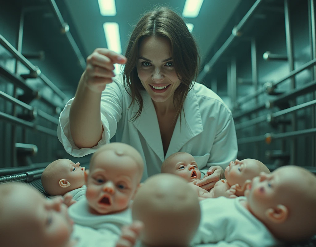 Realistic babies are placed on a conveyer belt like mass-produced goods and flow by one after another, while a beautiful woman in a white coat sorts them. She grabs one of the realistic babies by its legs, hangs it upside down, and laughes cruelly.