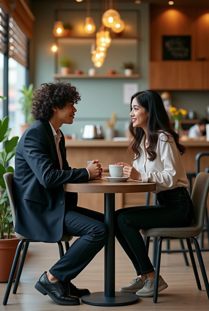 Photography of a 20 year old Asian man with long curly hair wearing a formal jacket, trousers and shoes sitting with a 20 year old Indonesian woman with shoulder length hair drinking coffee in a cafe facing forward in the afternoon atmosphere.