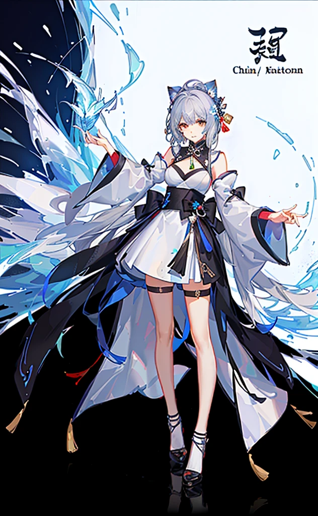 Best quality,masterpiece,The Ultimate Solution,Fluffy,Extremely colorful,rich and colorful, Girl, Chinese_clothing,Network Hanfu, Lotus embroidery,(Chinese knot:1.2), High slit cheongsam,Black,Black over-the-knee stockings,Cat ear,Cyberpunk,Wearing black high heels,Cleavage incision,Huge silver-white hair),Full of mechanical and futuristic elements,Jewelry,crystal,Normal posture,Holding a pistol,Dynamic poses