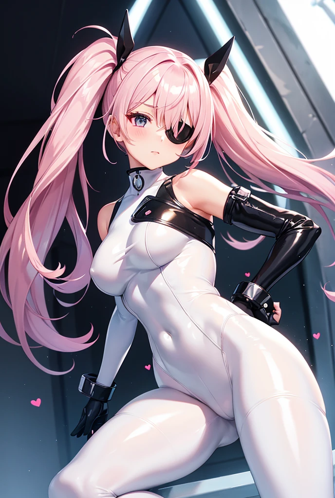 A beautiful girl wearing a shiny white sleeveless rubber suit that fits snugly up to the neck(20th Generation)She has a heart-shaped eyepatch, long hair in a side ponytail, and her hair is a soft pink. She also wears long rubber gloves that are black in color.
