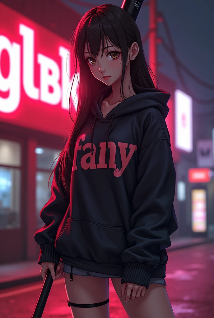 Create a character anime, {{background: large text “GLBK”, night city}}, tanned skin,
realistic, HDR, handsome, japan style, full body, use stick baseball, age 20, hoodie HD text: “FANY”, female, long hair