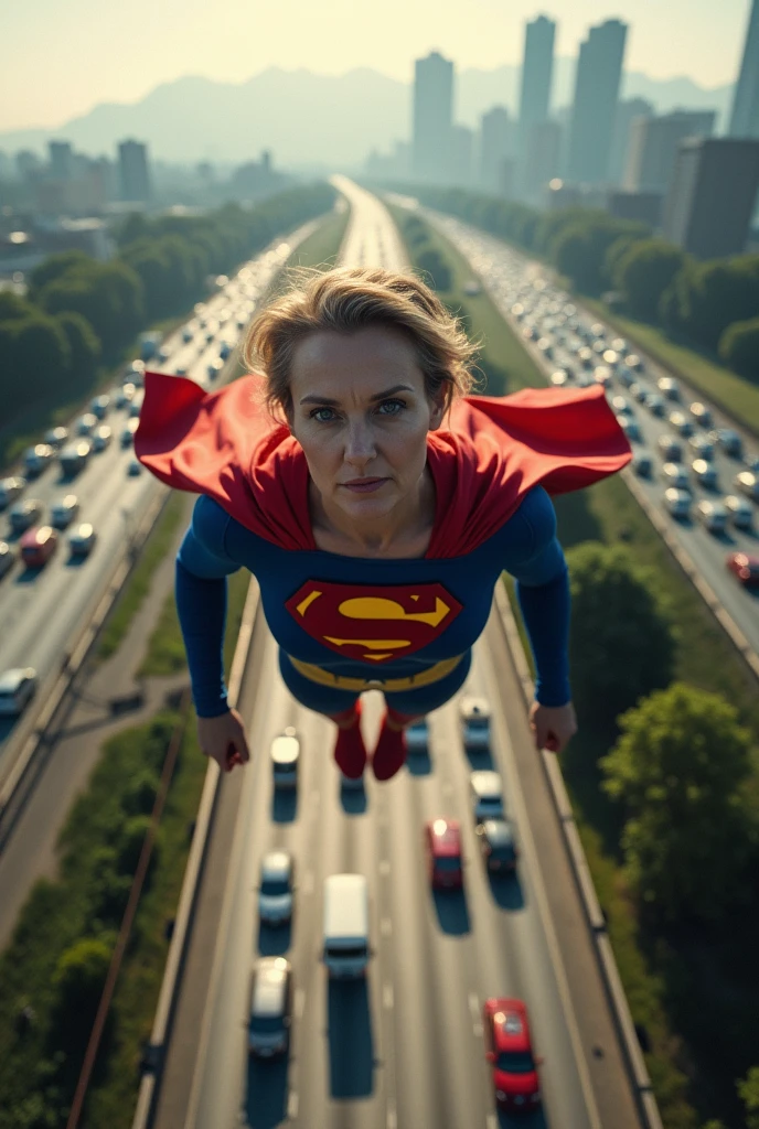 panoramic view; flying with determination; faster than a jet; old Meryl Streep((without glasses))) Superwoman 2013 costume (((50 years old; short hair))); determined and imposing woman; trusting., floating above the Rio de Janeiro 2024 highway(((Região dos Lagos))); (heavy traffic; satellite view); superhero pose flying through the skies ; Image recorded by a professional photographer