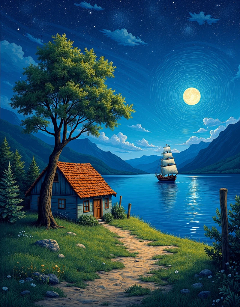 Scenic night landscape,with a house, tree, Stars in the sky, water, A ship, moon, Grass, Mountain, And the style of Van Gogh's famous paintings, best quality, 4K, Super detailed, actual, photoactual, high dynamic range, Ultra high quality, Studio lighting, Ultra-fine coating, sharp focus, Physically based rendering, extremely detailed description, professional, bright colors, Bokeh