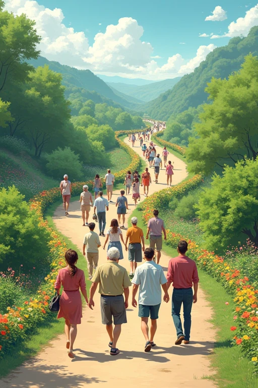 Many men, women, and old people are walking and laughing along the long road.。There are many beautiful flowers blooming around, sparkling and dancing。Back view。Illustration of an image taken from a distance。
