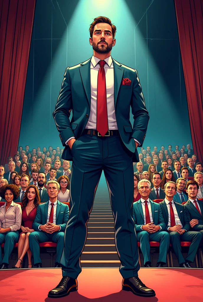 Comic style picture of a man wearing formal attire standing on a stage in front of an audience