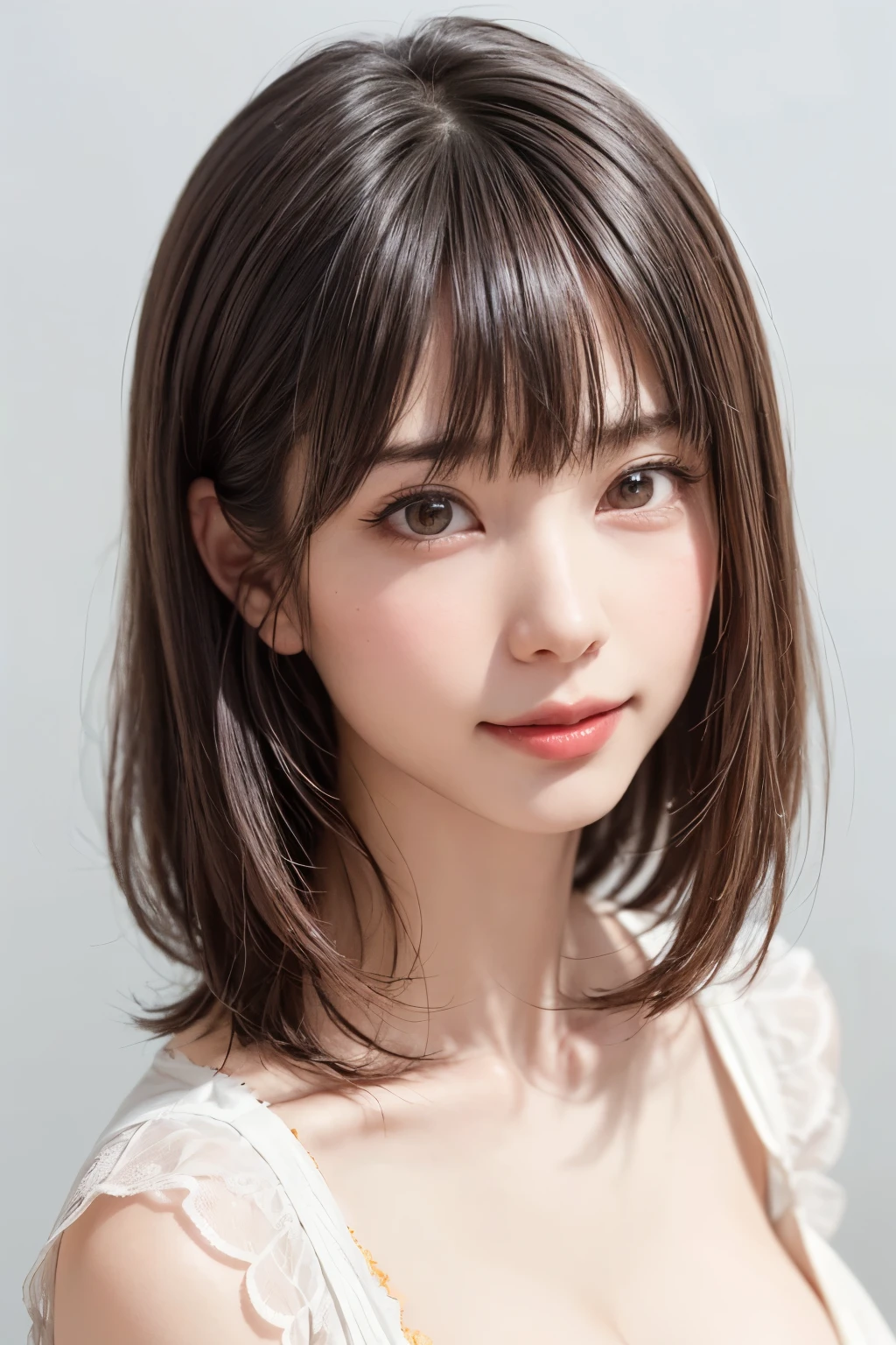 (software:1.8、masterpiece, Highest quality),1 person, alone, hyper Realistic, Realistic,Realistic, Looking at the audience, Light brown eyes:1.4,Brunette Short Bob Hair with highly detailed shiny hair, Brightly colored winter clothes, Lepangas:1.4), Outdoor, Mouth closed, Upper Body、big chest eye、eyelash、{Hugeな|big chest|Hugeなな|Mega} whole :2, chestの谷間:2、(((big chest eye、Short Bob Hair、Highlights from Students、Looking at the audience、She is very beautiful and cute、Show me your ears、Long neck、smile、Close your mouth and smile、Bangs and beautiful teeth)))、Ideal body type、(Nothing is drawn、A very beautiful pure white background:1.6)、美しいLong neck:1.4、(({Huge|big|Hugeな|Mega} chest, chestの谷間:2、Upper Bodyは服を着ていない:1.6))、(((Portraiture:2)))、Perfect ???????