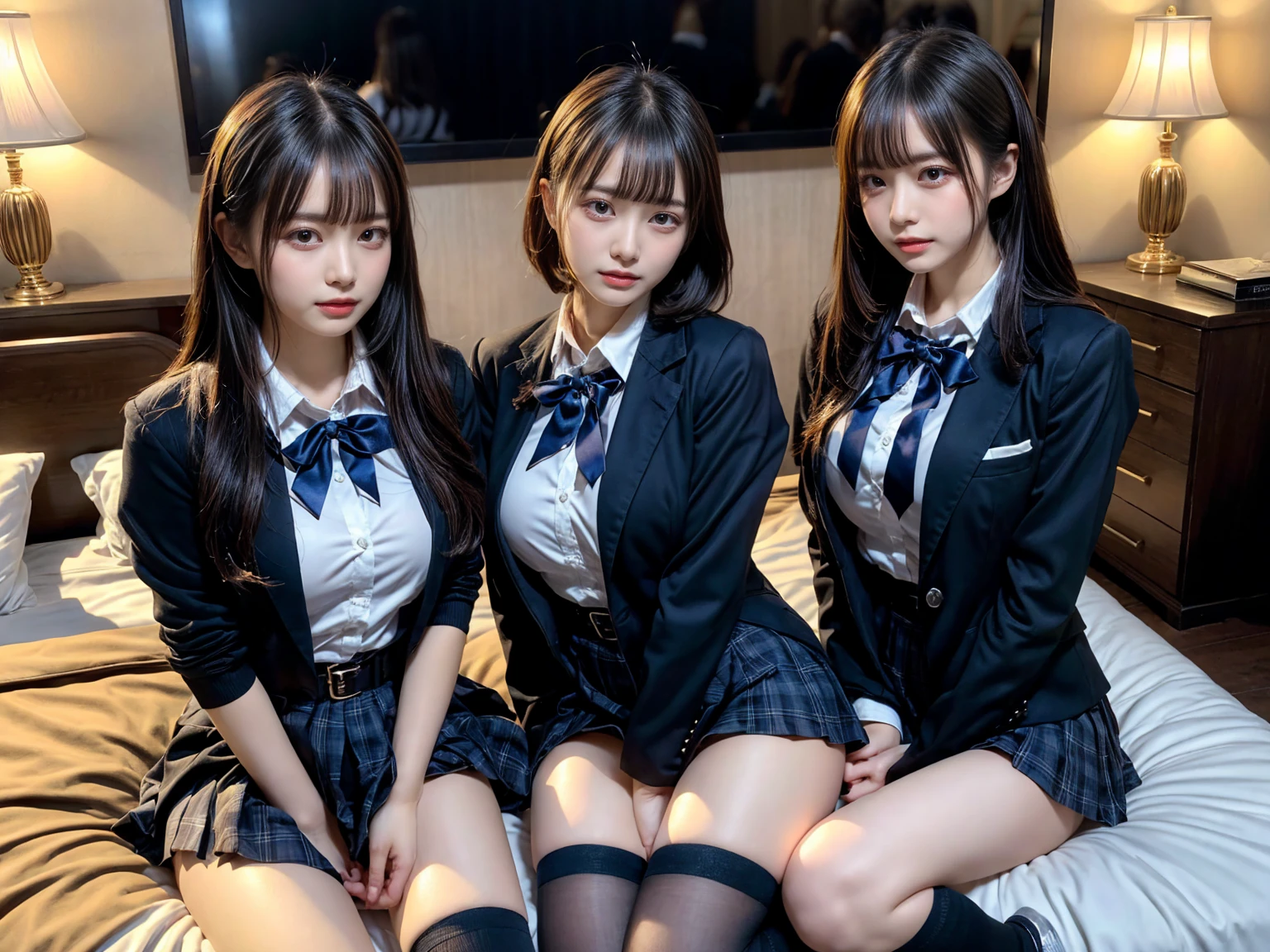 (8K, Raw photography, top-quality, ​masterpiece:1.2), master piece, best quality, illustration, Super detailed, fine details, High resolution, 8K,wall paper, perfect dynamic composition,(Details High quality, realistic depiction of eyes:1.3), ((2 girls, 2 schoolgirls)), The background is a luxury hotel room、High school girl uniform、blazer 、Super Short Check Uniform Skirt、Navy blue high socks、garterbelts、Colossal tits、Disturbed uniform, Play with each other,Touching each other's bodies,Touching the body of the girl next door, short bob hair, black hair color, huge breasts, Big Natural Color Lip, bold sexy pose, (perfect body shape), crying a little、cold gaze,  Beautiful makeup,glitter makeup,Cutest 1, beautiful legs, hposing Gravure Idol, Voluptuous thighs