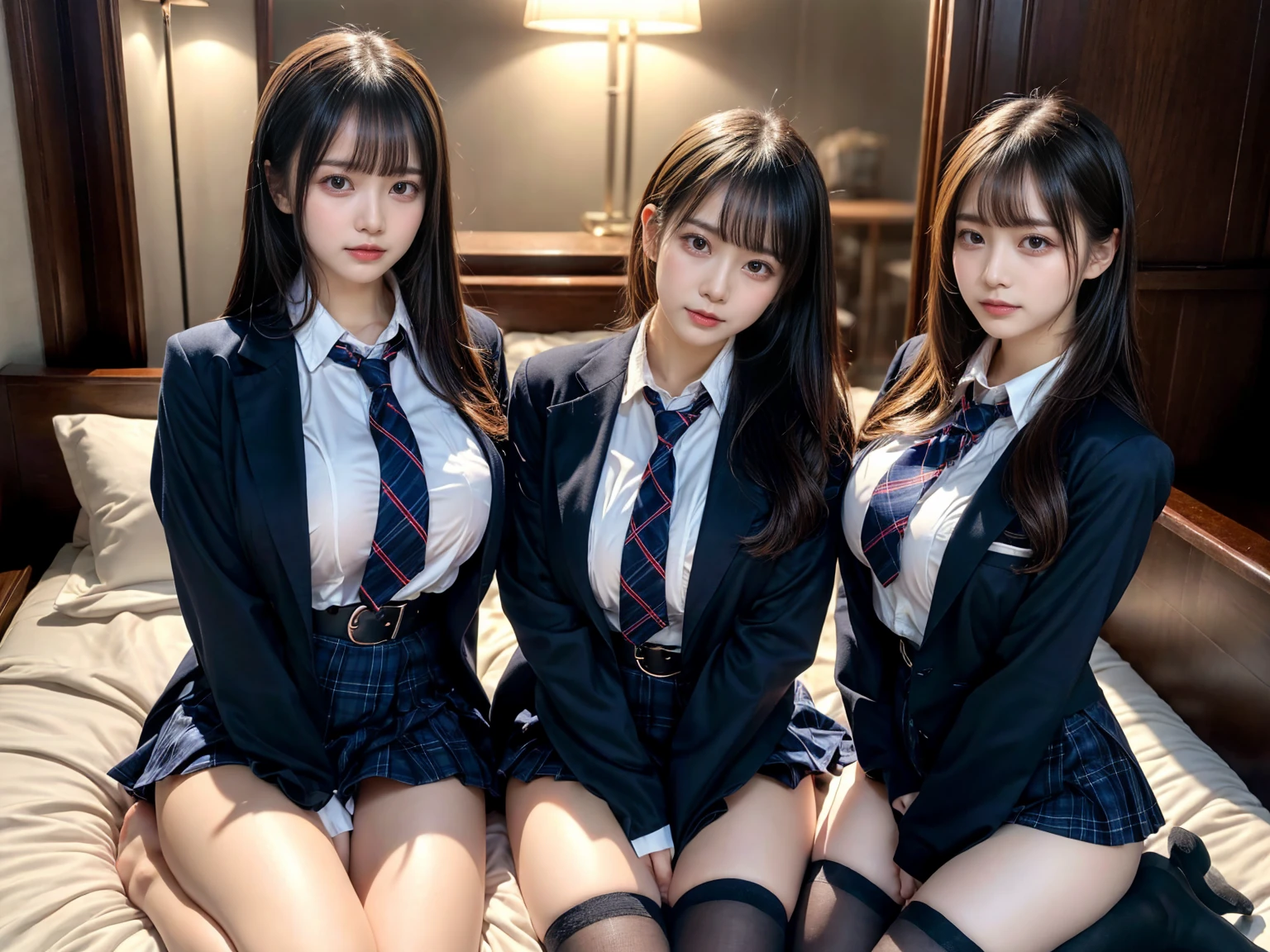 (8K, Raw photography, top-quality, masterpiece:1.2), master piece, best quality, illustration, Super detailed, fine details, High resolution, 8K,wall paper, perfect dynamic composition,(Details High quality, realistic depiction of eyes:1.3), ((2 girls, 2 schoolgirls)), The background is a luxury hotel room、High school girl uniform、blazer 、Super Short Check Uniform Skirt、Navy blue high socks、garterbelts、Colossal tits、Disturbed uniform, Play with each other,Touching each other's bodies,Touching the body of the girl next door, short bob hair, black hair color, huge breasts, Big Natural Color Lip, bold sexy pose, (perfect body shape), crying a little、cold gaze, Beautiful makeup,glitter makeup,Cutest 1, beautiful legs, hposing Gravure Idol, Voluptuous thighs