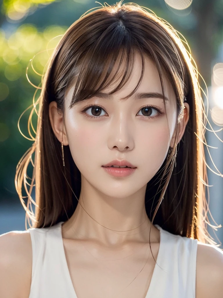 1 Female, Beautiful street hair with no split ends、West Shot、Beautiful, Backlight 、Autumn sunset, Backlight, Autumn color knit sleeveless top 、Slim figure, Big Breasts, beautiful, Show off your sexy neck and collarbone by putting your hair up. 、Shiny, Sexual skin 、Medium chest, Light brown hair, Blunt bangs, Hair behind the ear, Hair that falls over the shoulders, Long Hair, Slim figure, Ultra delicate lips, Beautiful eyes, Light blush, eyes are light brown, Perfect glowing skin, Perfect Skin, Very thin fingers, The optimal ratio is four fingers to one thumb, (Realistic:1.3), First Person View, Super Detail, high quality, 最high quality, High resolution