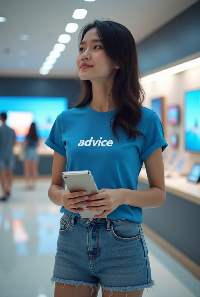 A beautiful Thai girl wearing a blue T-shirt with the words printed on it "ADVICE", Wear a short jean skirt, (((Standing holding a notebook))) In a tablet computer store