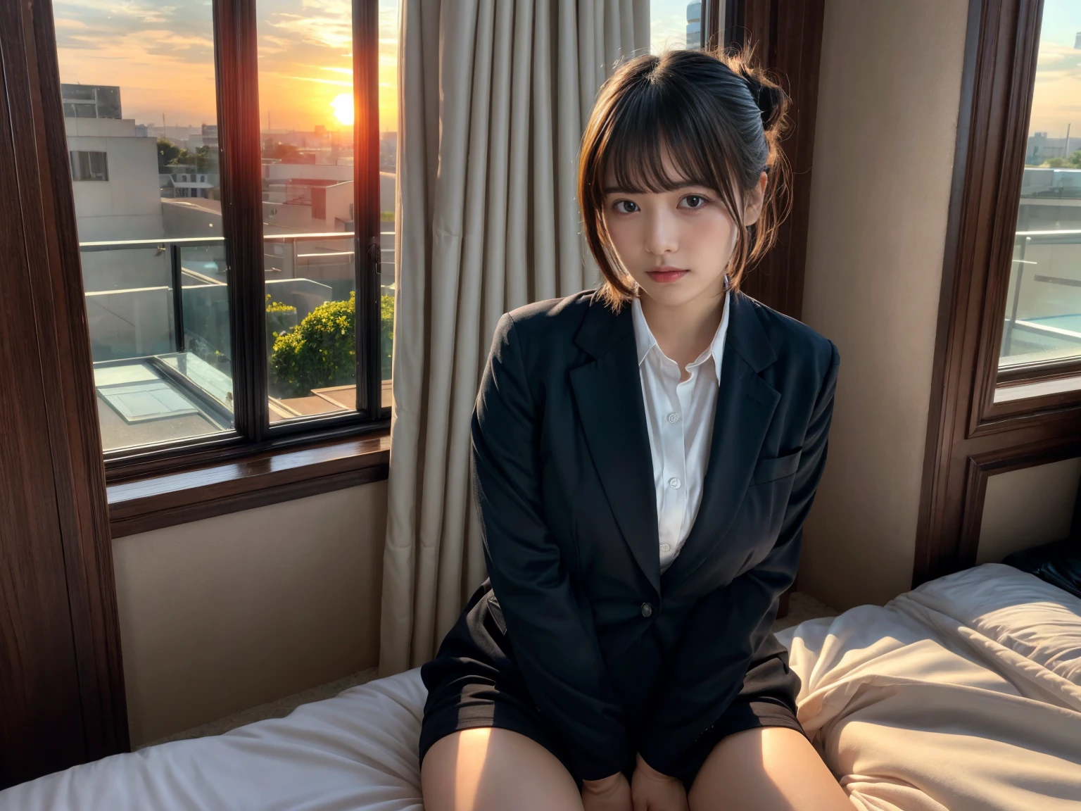 masterpiece, best quality, illustration, Super detailed, fine details, High resolution, 8K,wall paper, perfect dynamic composition,(Details High quality, realistic depiction of eyes:1.3), (2 girls), short hair, Office Lady, ,Suit,Collared shirt, Black Suit,Black jacket, updo, huge breasts, black hair color, Big Natural Color Lip, bold sexy pose, crying a little、Harajuku style、20 year old girl、cute type、lolita、beautiful legs, hotel room, full body photo、focus on crotch, hposing Gravure Idol, Sexy shot looking at camera, Sunset, by the window, Summer, make up, Curve