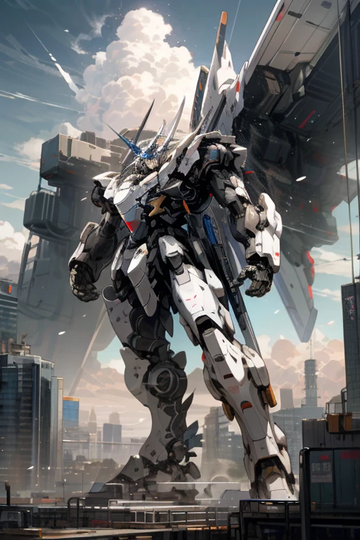 null, cloud, Holding_arms, no_human, Shine、robot, building,Mecha, science_fiction, city, Realistic,Mecha、Shiden、High resolution、8k、High resolution、Very detailed、Perfect Proportions、Beautiful art、masterpiece、Highest quality、Very high precision、Ultra high definition