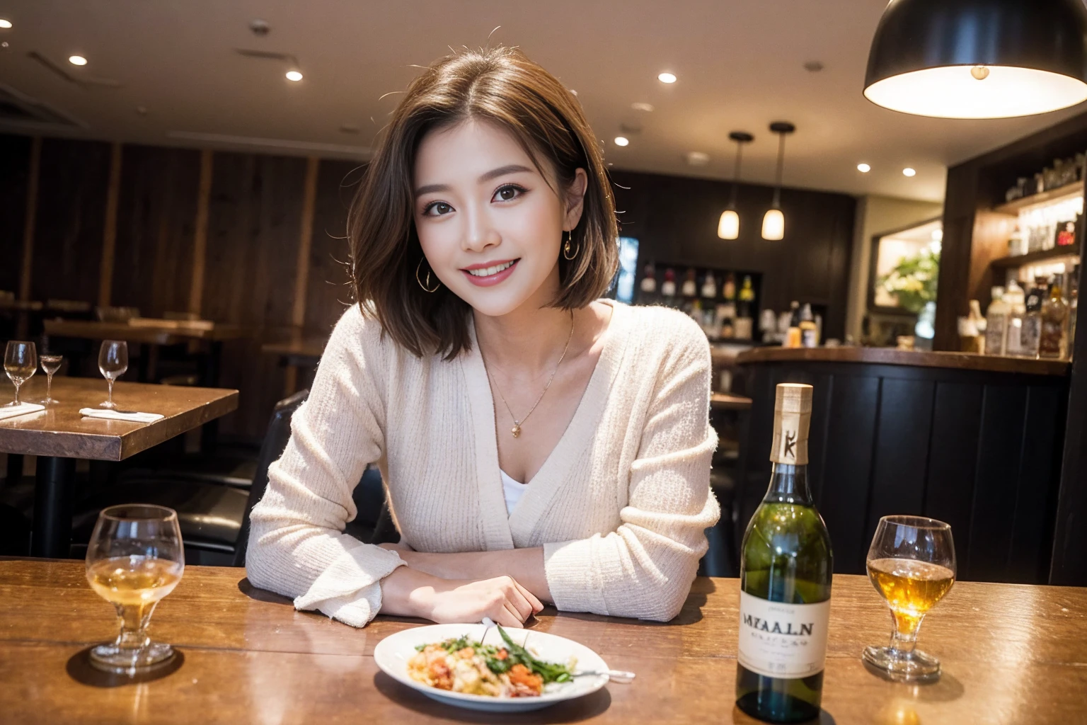 ((Highest quality、8k、masterpiece:1.3))、Whiskey bottles、The Macallan、Joni Black、Old Parr、whiskey、Suntory、Nikka、Slim Couple、modelカップル、(Realistic, Intricate details:1.2), full-course dinner、Whiskey bottle and glass on the table、Single Malt、scotch、Rocks glass、Shot Glass、On the rock、Scotland、Amazing view of the sunset sky and clouds、A bright smile、short hair,Bright Face、 (Age 37), 3,Two beauties、Brown Hair、Shortcuts、Long sleeve shirt、dress、restaurant, Nova Frog Style, actress, model, Upper Body,
