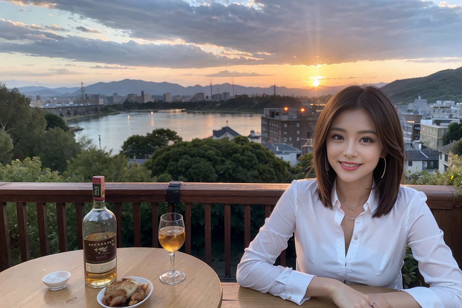 ((Highest quality、8k、masterpiece:1.3))、Whiskey bottles、The Macallan、Joni Black、Old Parr、whiskey、Suntory、Nikka、Slim Couple、modelカップル、(Realistic, Intricate details:1.2), full-course dinner、Whiskey bottle and glass on the table、Single Malt、scotch、Rocks glass、Shot Glass、On the rock、Scotland、Amazing view of the sunset sky and clouds、A bright smile、short hair,Bright Face、 (Age 37), 3,Two beauties、Brown Hair、Shortcuts、Long sleeve shirt、dress、restaurant, Nova Frog Style, actress, model, Upper Body,