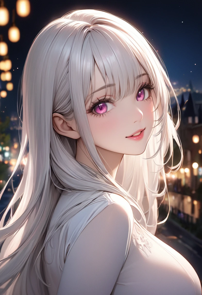 ((best quality)), ((Masterpiece)), (details), 1 woman, big breasts, white hair, pink eyes, ((long hair,Straight cut)),curve, large breasts, huge breasts ,super big breasts, Big hips, beautiful face, Beautiful skin , Long eyelashes, Thick eyelashes, realistic,No smile and charming girl, Look happy, Portrait, ใบหน้าที่มีdetailsมาก, ดวงตาที่มีdetailsมาก, A very delicate and elegant face, Sexy and feminine, movie light, No makeup, Look at the viewer., Night background, face portrait, brightcolors,8k , high-definition,(half-body portrait), Victoria