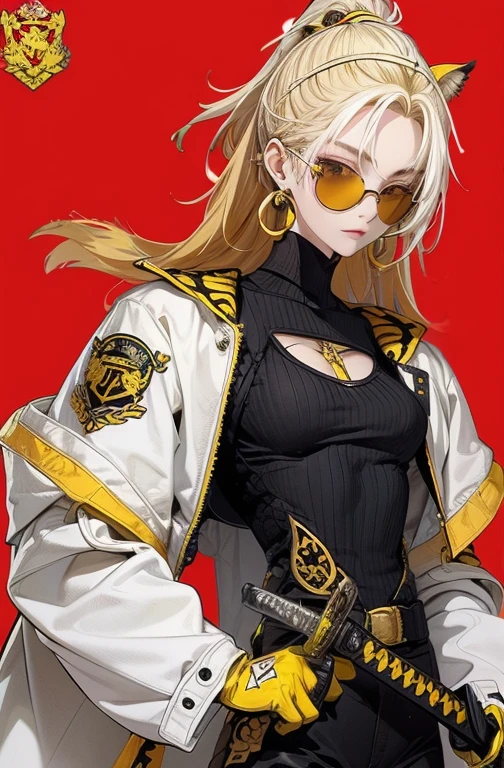 The image shows an illustration of a woman with a high hairstyle and loose locks, wearing yellow sunglasses and cross earrings. He wears a fitted white jacket with insignia and a pair of yellow tiger-print gloves.. He leans on the hilt of a katana with a yellow and black handle.. The background is a vibrant red that highlights the central figure.. The illustration combines modern elements with traditional Japanese touches..