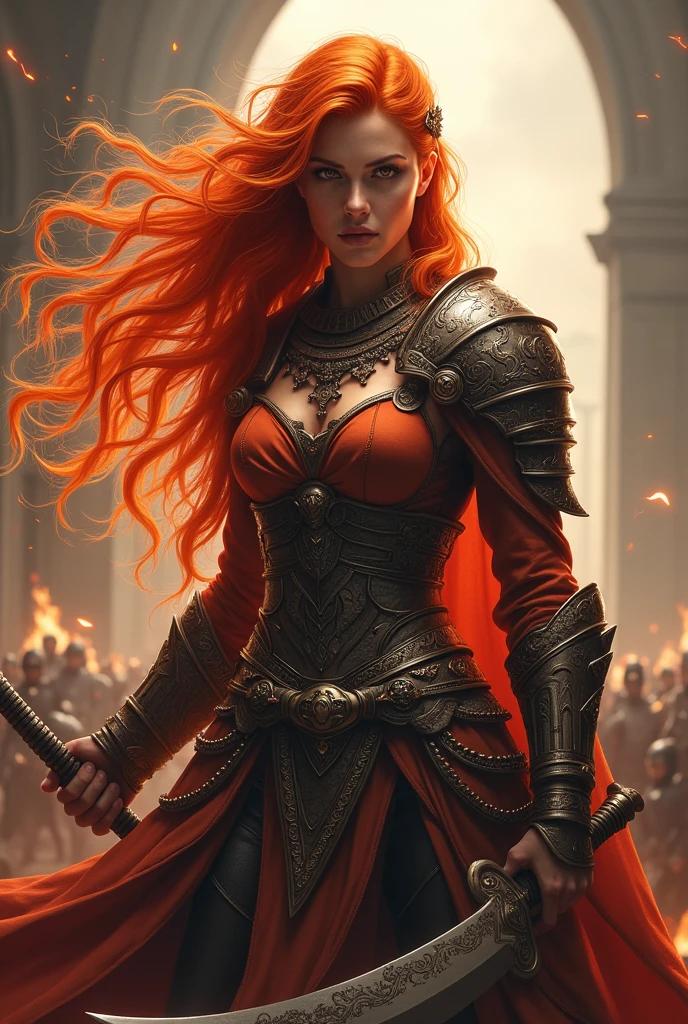 A goddess of war, blazing red hair, claymore weapon,  inner clothing, more armor, less revealing skin, intimidating pose