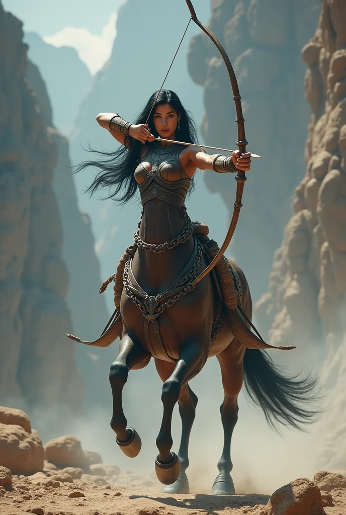 ((masterpiece, Highest quality, Best image quality, High resolution, Realistic, RAW Photos, 8k)), ((Highly detailed CG synthesis 8k wallpaper)), (Huge and stunning goddess shot, Very hot and sexy, Incredible beauty, Perfect Proportions, Beautiful body, Slim body beauty:1.4), Centaur female warrior, dark skin, black fur, long black hair tied back, boobs, wearing leather armor, chains around her body, mythical creature with a horse body and a female upper body, front view, great war of the gods in mythical times, Jumping and preparing the bow, front view,