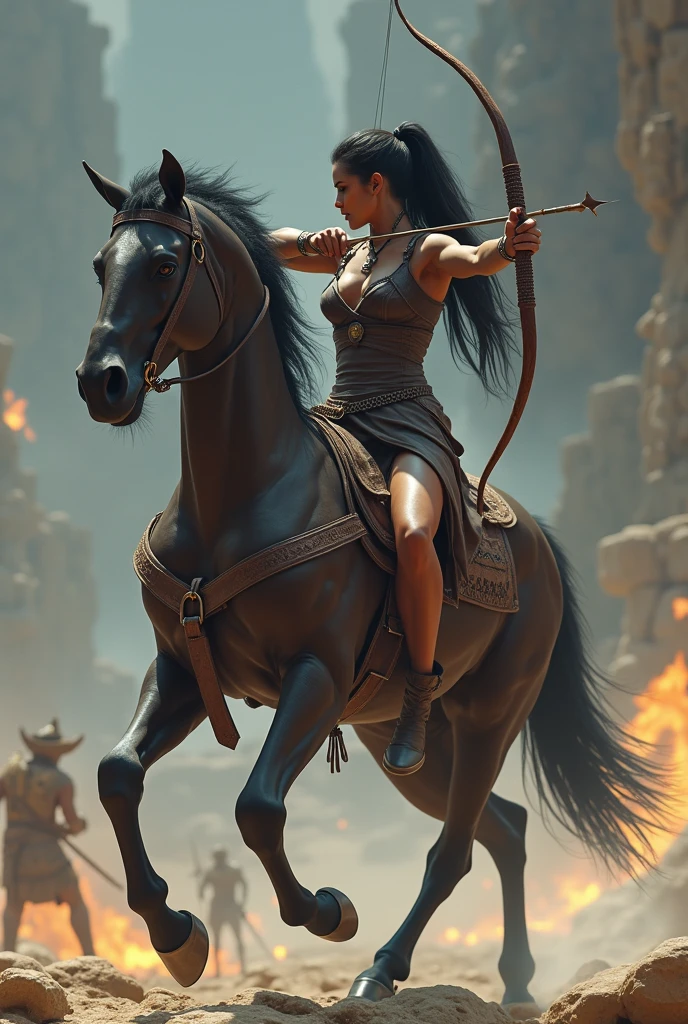 ((masterpiece, Highest quality, Best image quality, High resolution, Realistic, RAW Photos, 8k)), ((Highly detailed CG synthesis 8k wallpaper)), (Huge and stunning goddess shot, Very hot and sexy, Incredible beauty, Perfect Proportions, Beautiful body, Slim body beauty:1.4), Centaur female warrior, dark skin, black fur, long black hair tied back, boobs, wearing leather armor, chains around her body, mythical creature with a horse body and a female upper body, front view, great war of the gods in mythical times, Jumping and preparing the bow, front view,