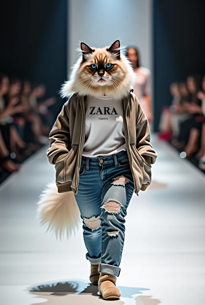 Himalayan cat wearing a t-shirt and jeans set from Zara in a fashion show. Real life full body photo.