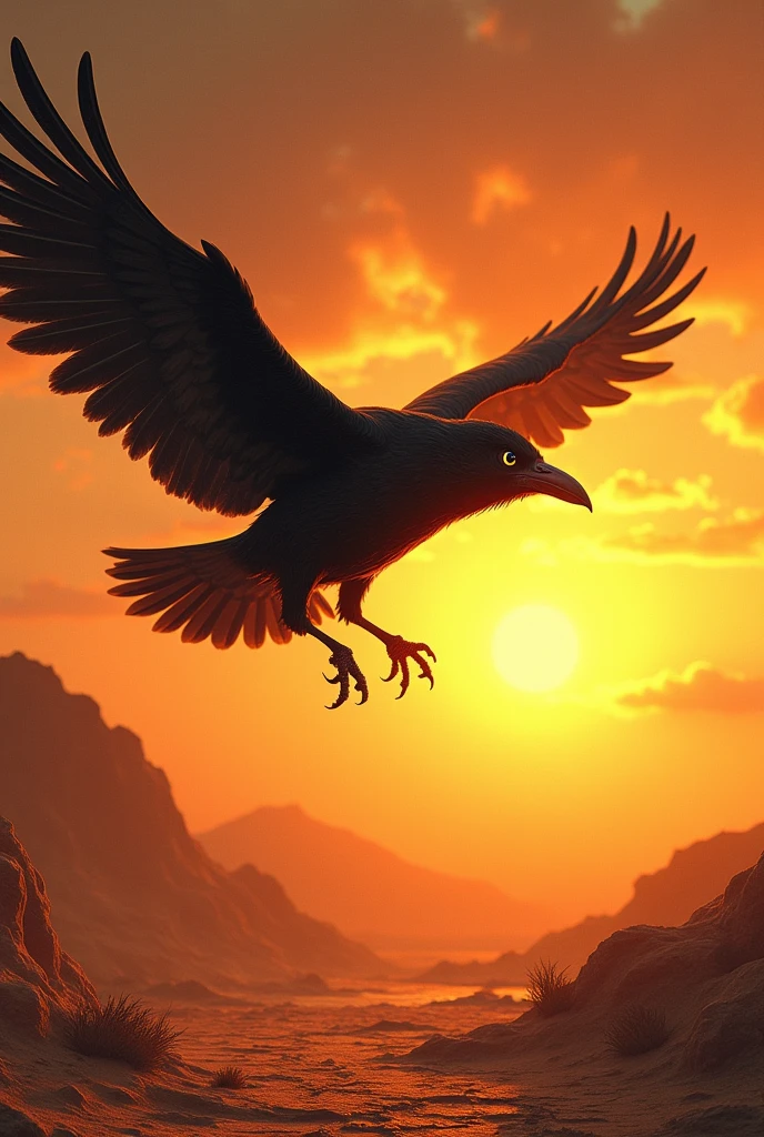 A crow is flying in the sky on a hot summer day, looking tired and thirsty. The sun is blazing overhead, and the land below appears dry and barren.