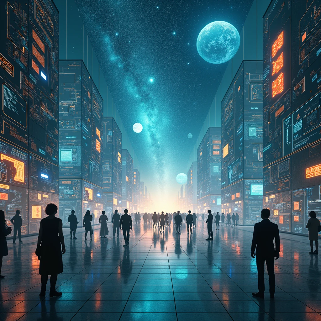 a hyperrealistic image capturing a futuristic simulated world, which creates the illusion of an infinite universe. Show main scene, where humanity, inhabiting this simulation, facing limited energy resources. Main elements:

	1.	A simulated world: A country with technological and cosmic elements, which create the impression of an endless universe. Use the majestic starry heavens, artistic depictions of galaxies and ultra-modern architecture, which emphasize the artificial nature of the environment.
	2.	Rhizome Society: Display ľudské technológie a systémy organizované v dynamických, nonlinear networks. Use futuristic screens and holograms, which illustrate decentralized structures and research in the field of energy technologies.
	3.	Language and deconstruction: Display interakcie medzi ľuďmi a ich jazykovými systémami, which are flexible and constantly changing. Visualize abstract symbols and texts, which illustrate Derrida&#39;s theory of the ever-changing meaning of words and their impact on reality.
	4.	The discovery of true reality: In the background, show the transition from the simulated world to reveal the real one, smaller universe. Display, how humanity adapts to the new, complex universe and interacts with new life forms.

Capture these elements in epic proportions and with an emphasis on hyper-realistic detail, to make the image a vivid and immersive expression of a philosophical concept.