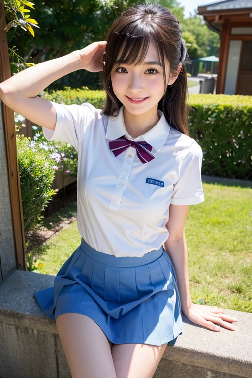 top-quality、​masterpiece、real 18 year old woman、（（Panchira））、Sitting on a bench、Light blue sailor suit、Light blue mini skirt、Pink panties、Pink underwear、a park、Hands behind your back、Short black hair、a smile、hight resolution、