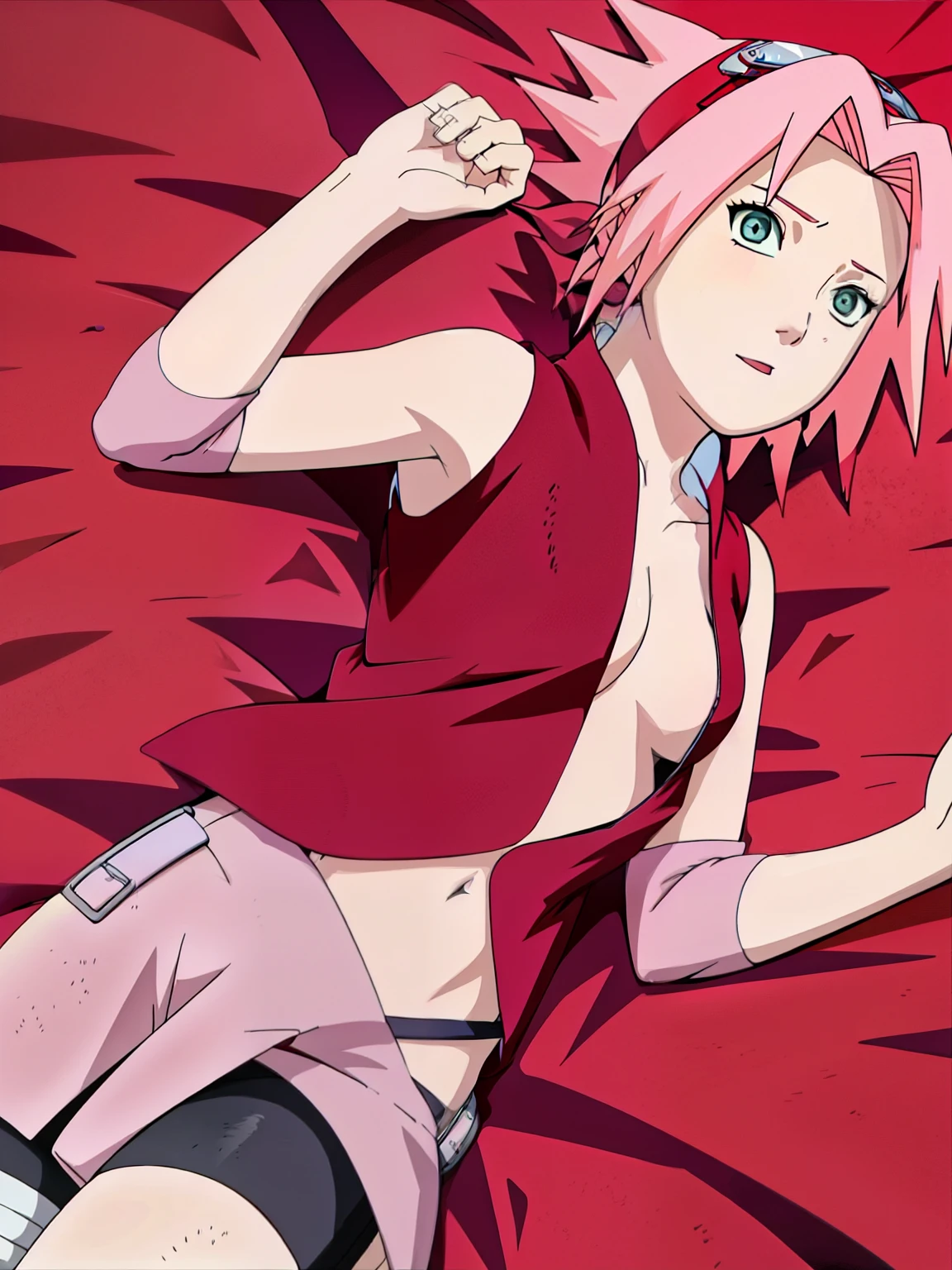 Sakura Haruno lying on bed with open shirt showing bra