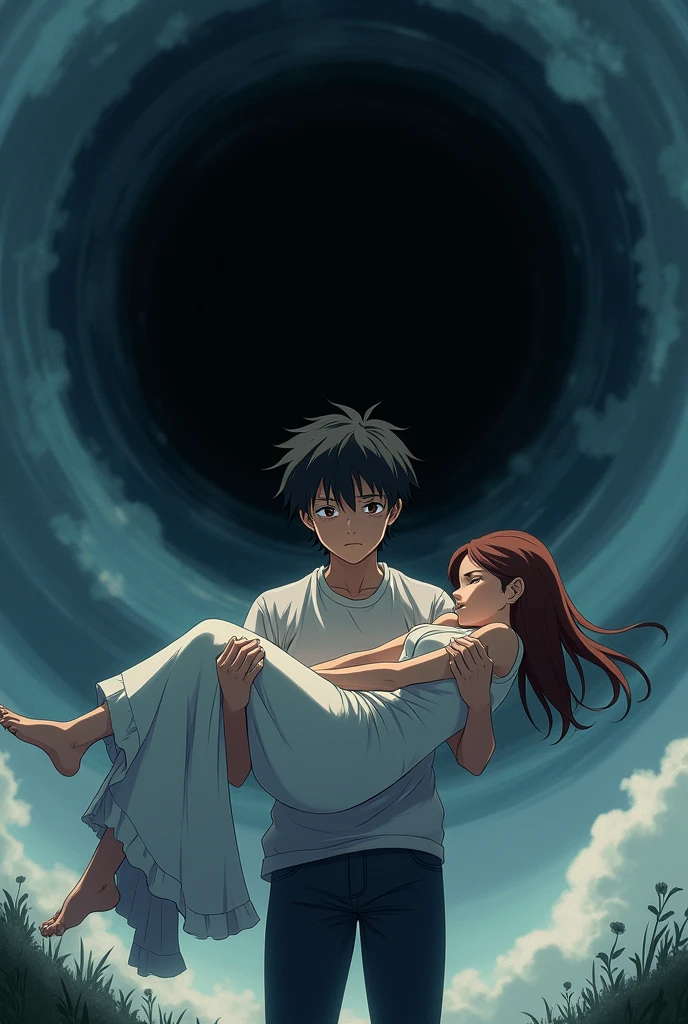 Generate an anime picture of a young man crying while carrying the  of his dead beautiful wife in front of black hole 