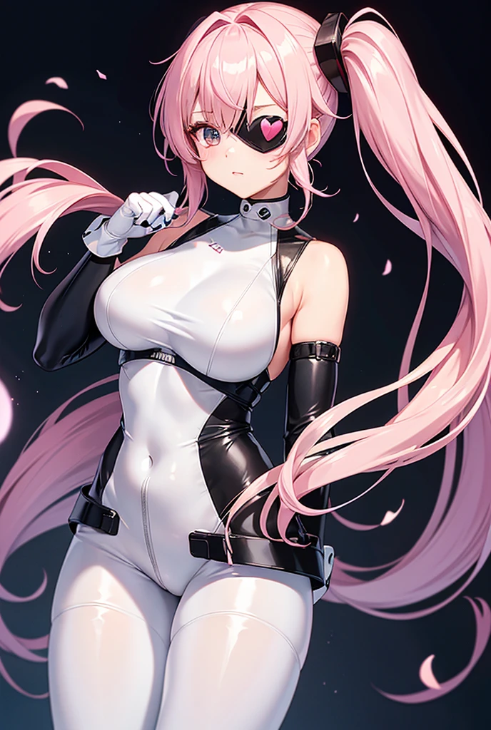 A beautiful girl wearing a shiny white sleeveless rubber suit that fits snugly up to the neck(20th Generation)She has a heart-shaped eyepatch, long hair in a side ponytail, and her hair is a soft pink. She also wears long rubber gloves that are black in color.